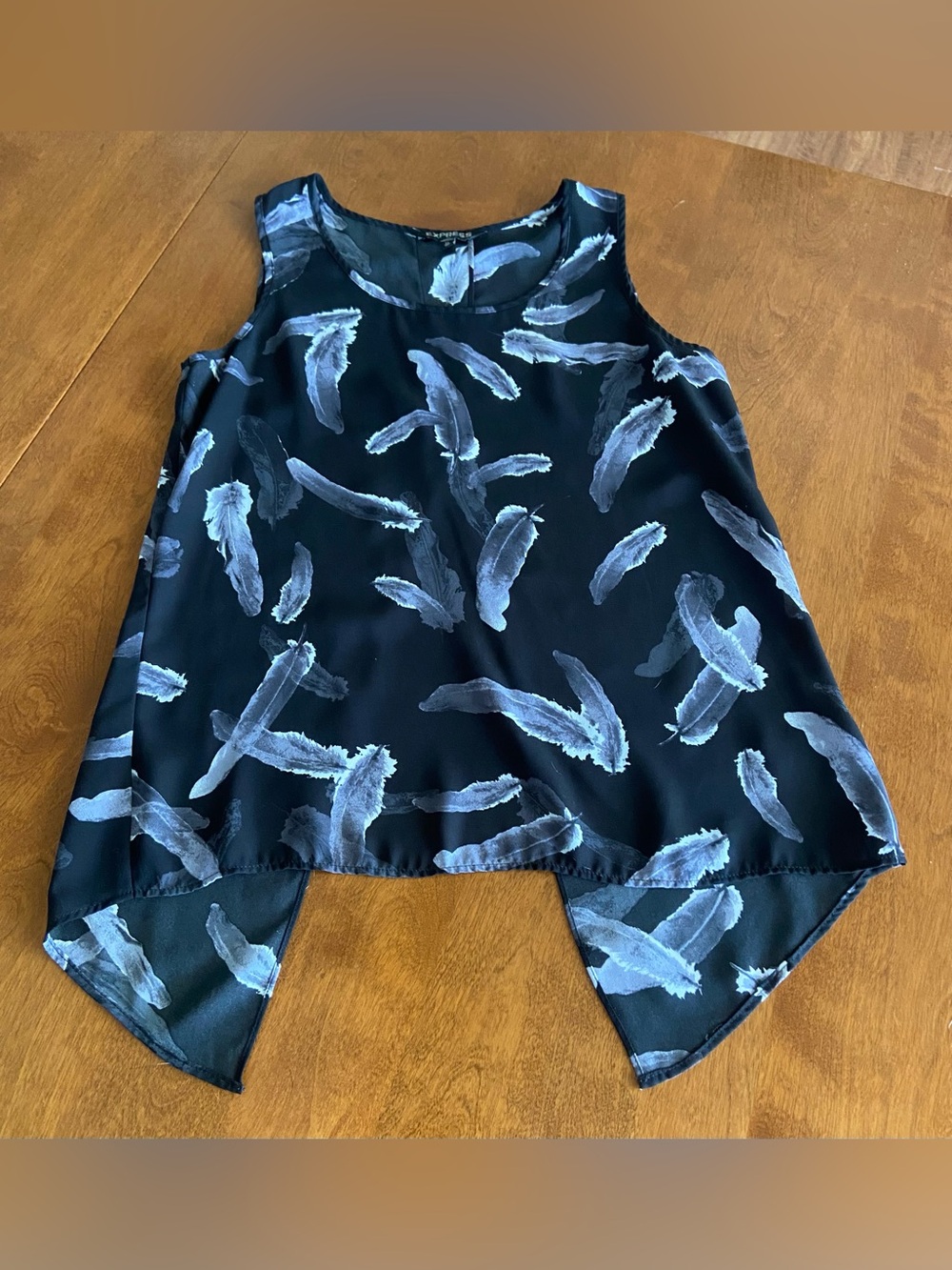 Express Black Tank Top with Blue Feather Print